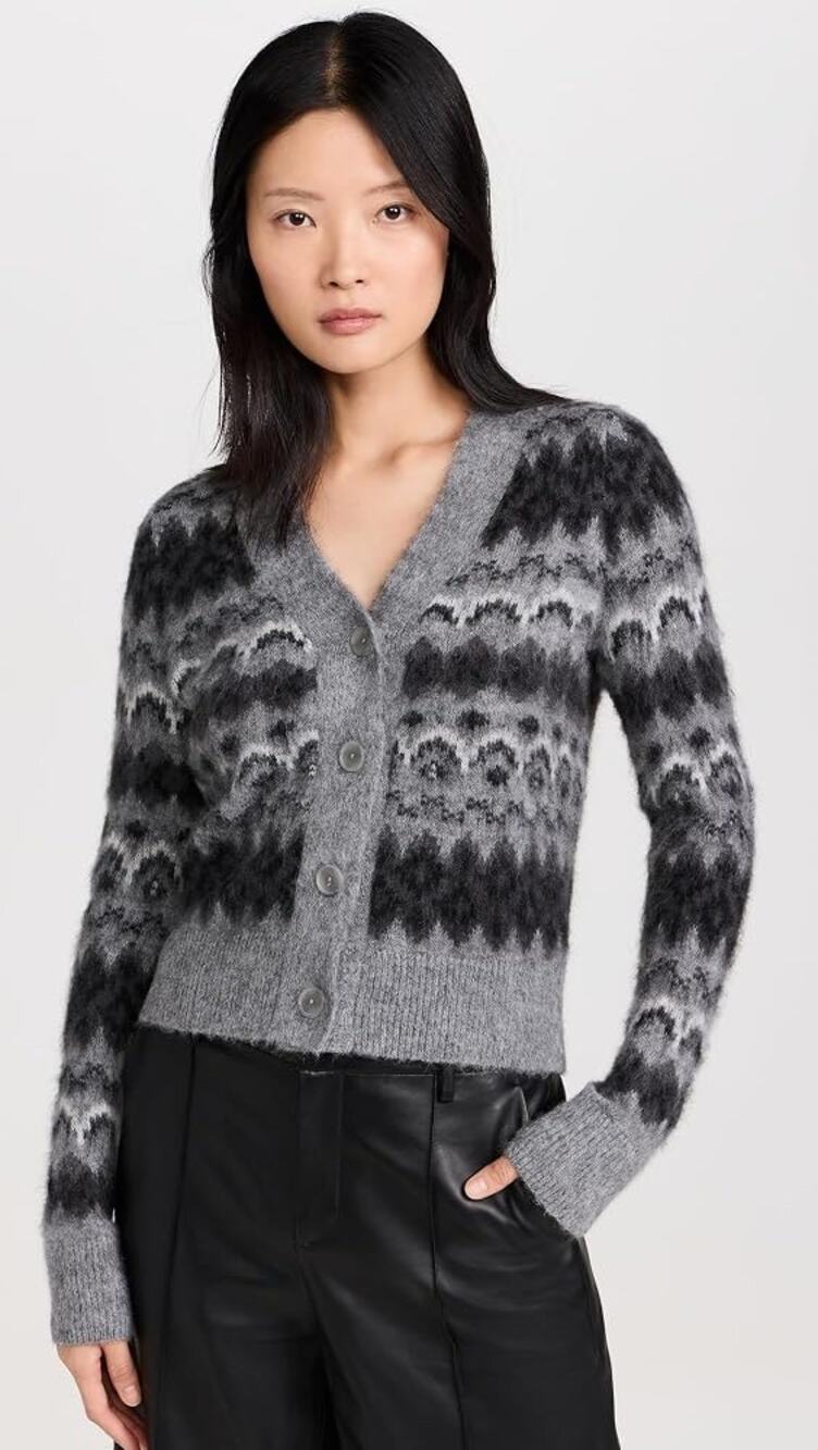 Joie NWT M Gray Black Fair Isle Nordic Fuzzy Knit Button Cardigan Wool Blend
